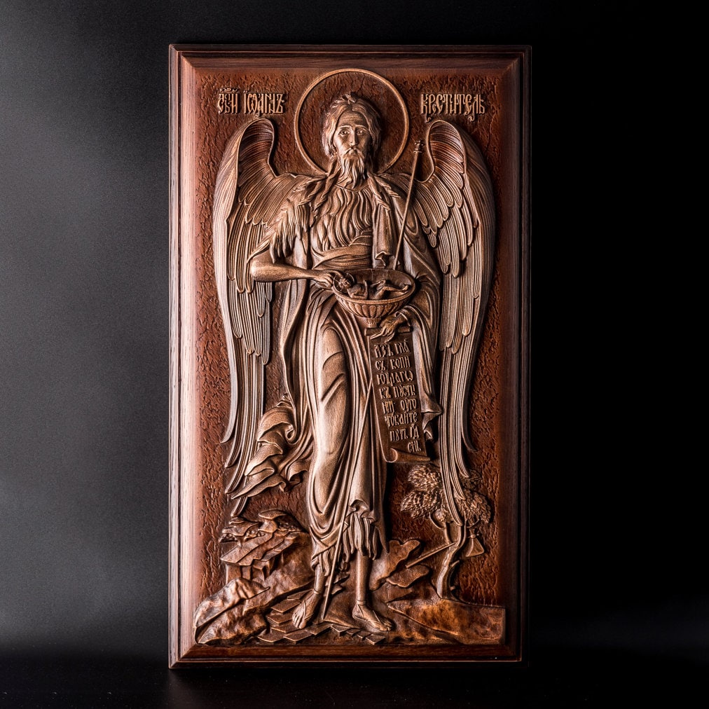 Handcarver Wooden Icon John the Baptist Christian Wall Art Our God Baptism Gift Holy Icon