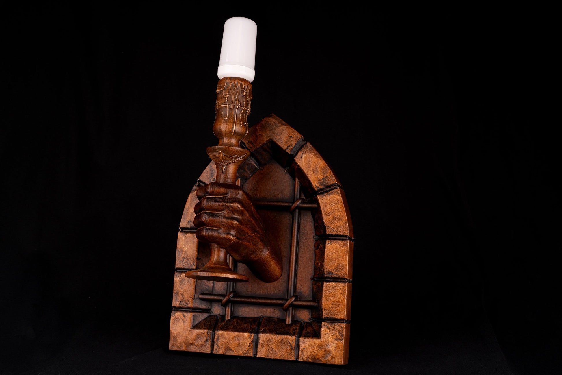 Wood wall lamp hand with candle holder, Mid century wall lamp in Gothic style, Plug in wall sconce