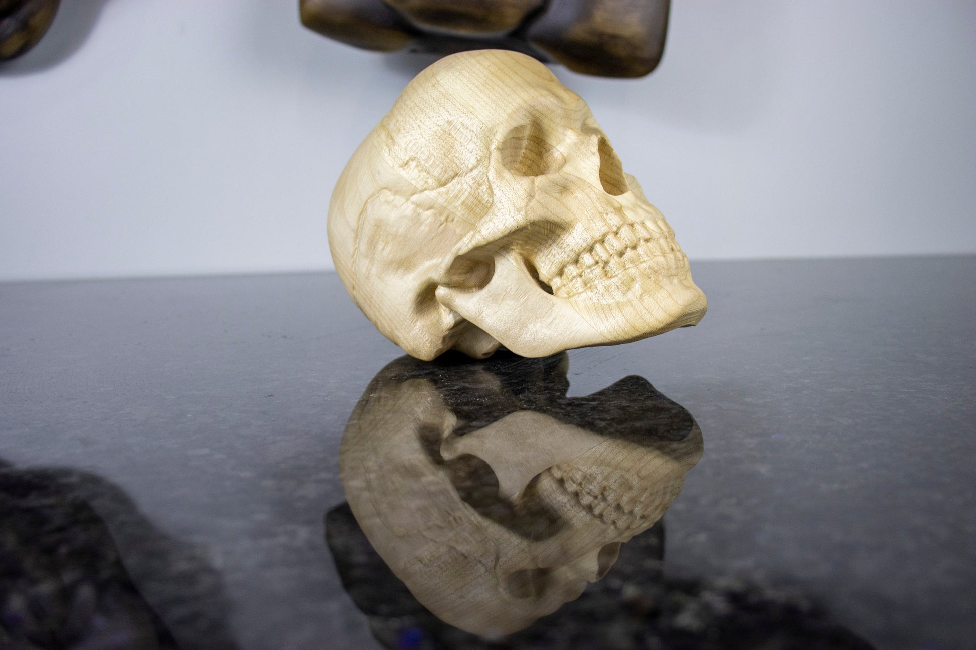 Wood carving Human Skull Replica, Wooden skull figurine, Halloween and Gothic Decor, Punk rocker gift