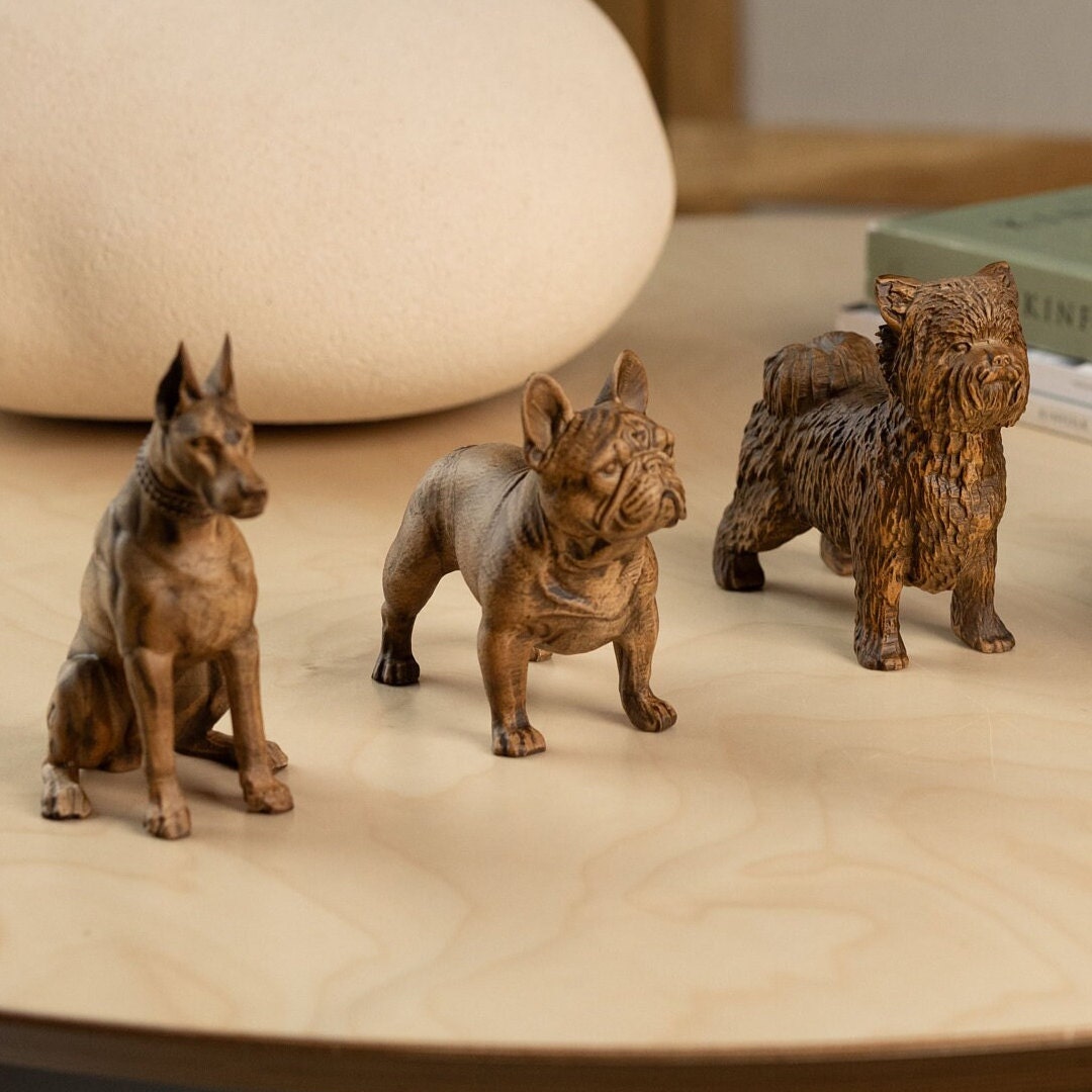 Yorkshire terrier statues Dog lovers gift, Wood carved yorkie sculpture, Small dog miniature for boolshelf decor