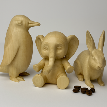 Set of 3 Wooden Animal Figurines — Bunny, Elephant & Penguin
