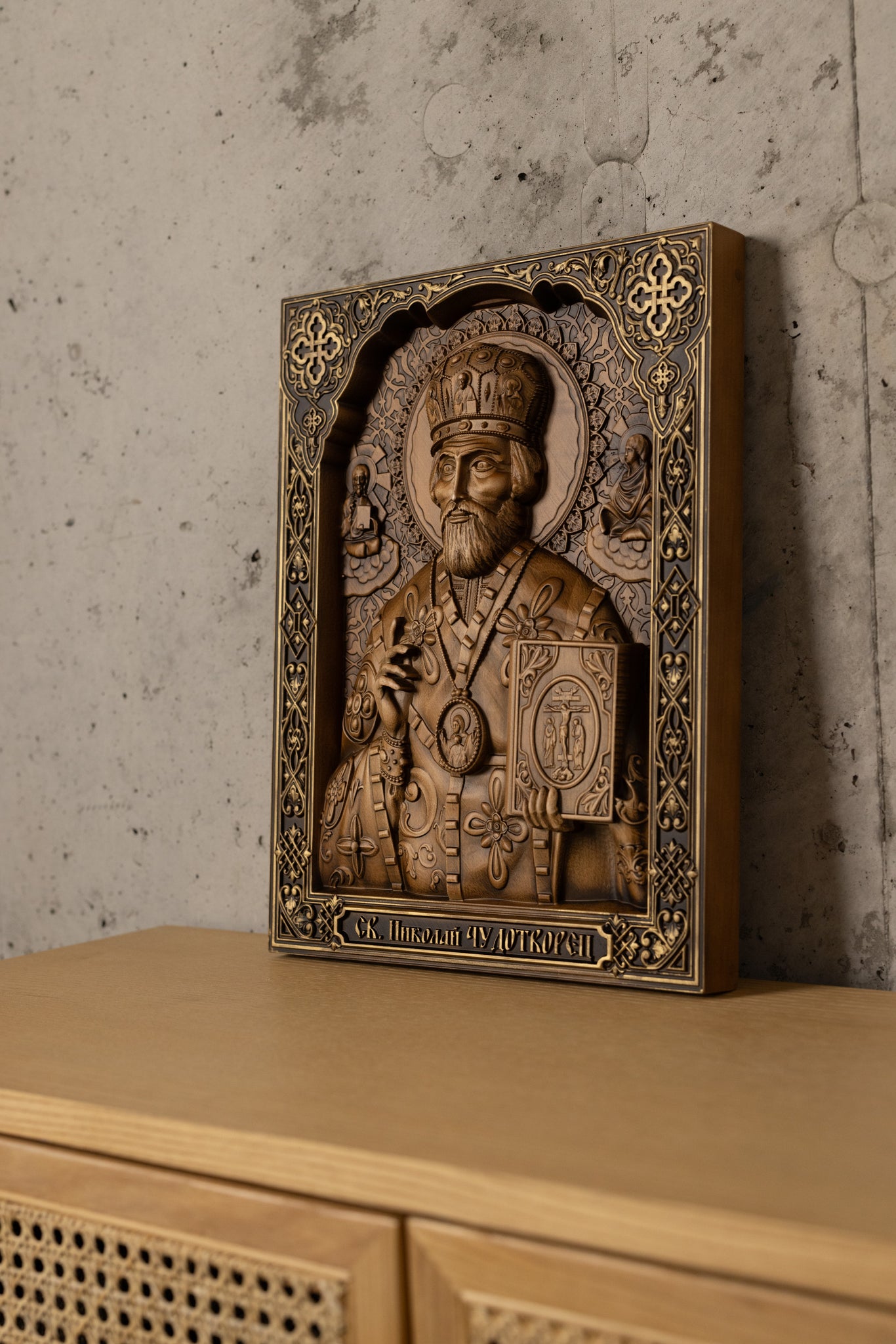 Handcrafted Oak Icon – Saint Nicholas the Wonderworker
