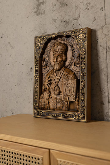 Handcrafted Oak Icon – Saint Nicholas the Wonderworker