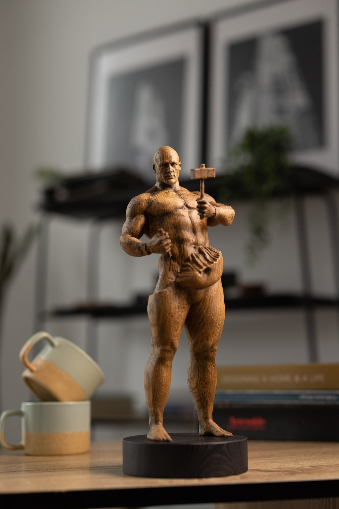 Wood Carved Man Bodybuilder Statuette