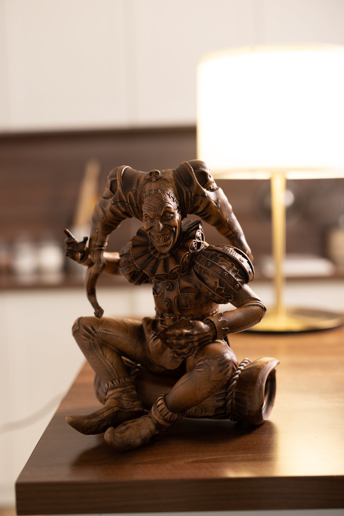 Wood Sculpture Joker With Cards & Sculls For Bookshelf Decor