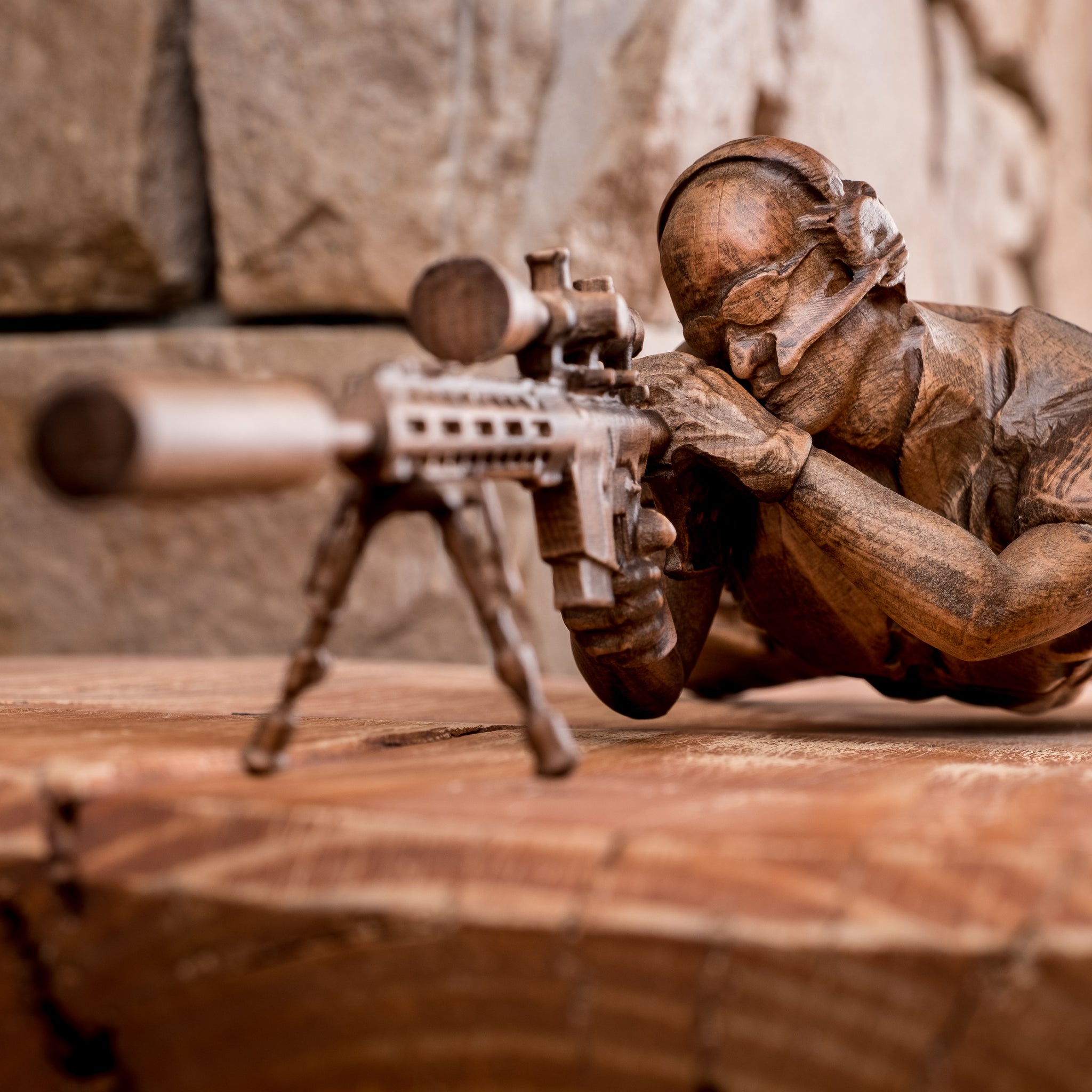 Handcrafted Wooden Sniper Figurine — Beech Wood