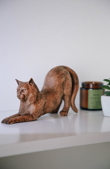 Solid Beech Wood Cat Figurine (Stretching Pose)