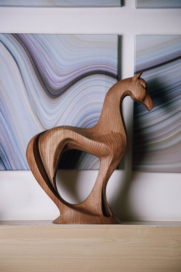 Solid Ash Wood Horse Figurine (Modern Sculptural Design)