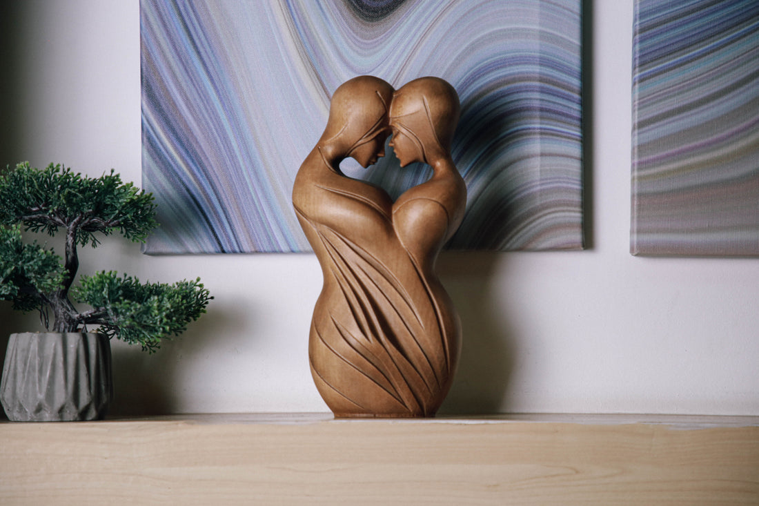 Solid Beech Wood Couple Figurine (Romantic Sculptural Design)