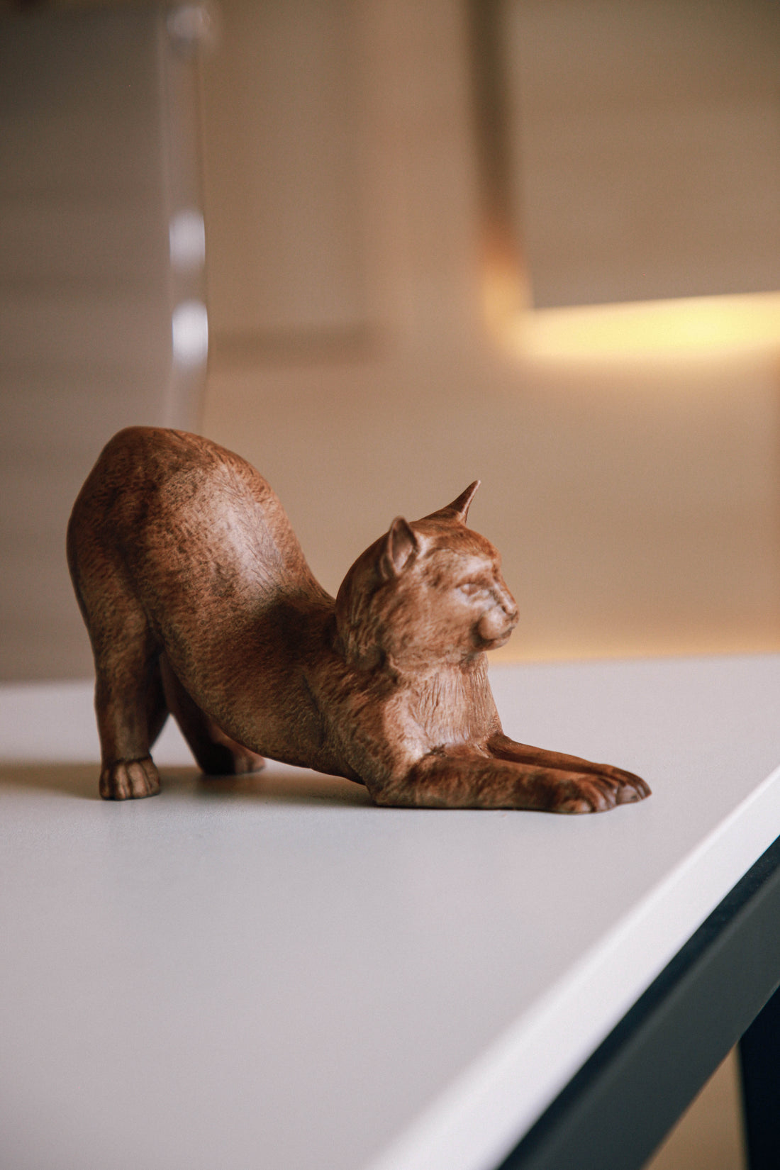 Solid Beech Wood Cat Figurine (Stretching Pose)