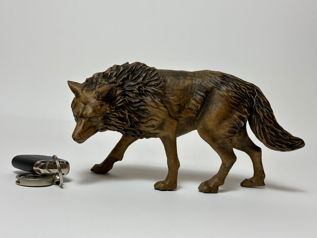 Handcarved Wolf Wooden Statue Look Down