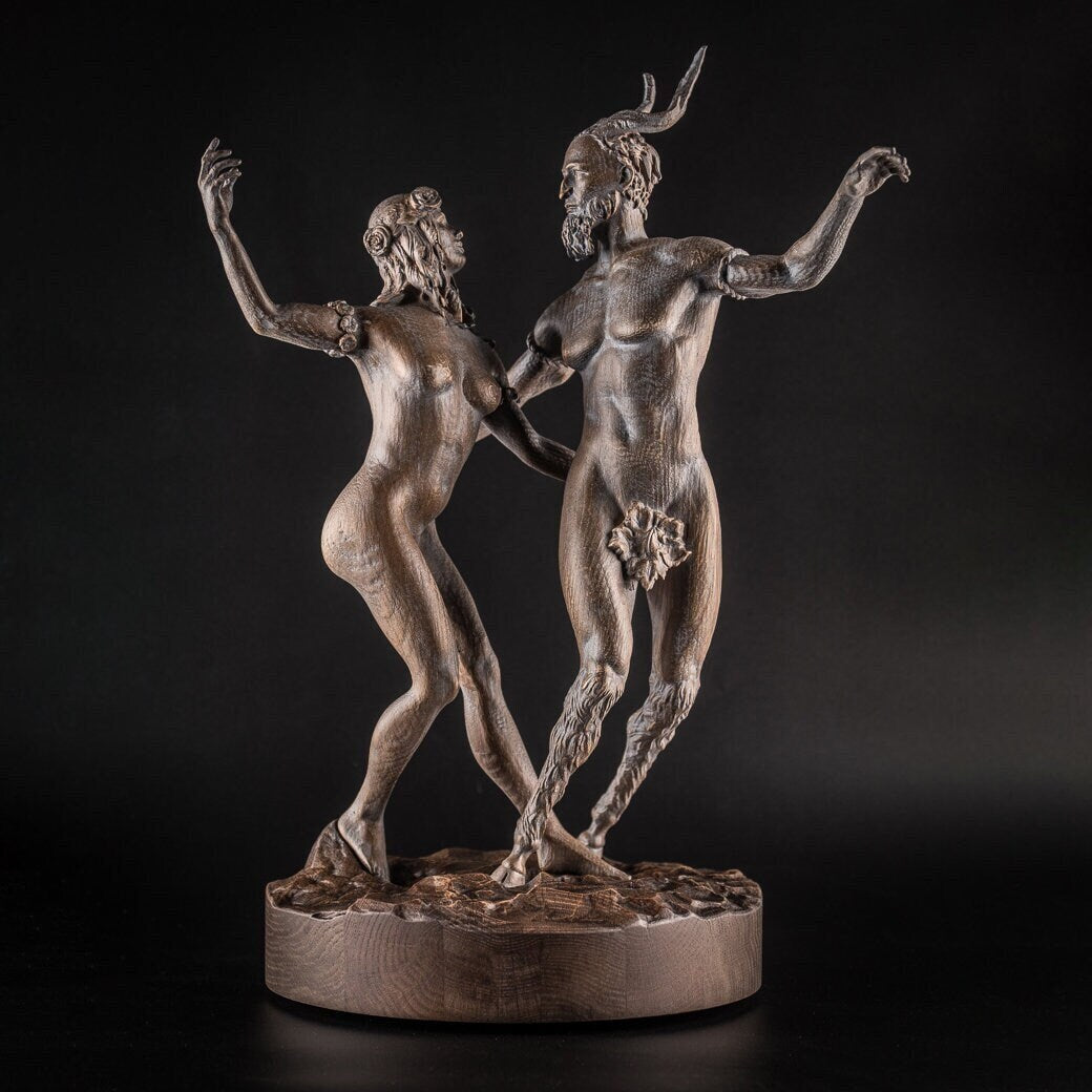 Statuette Satyr and Forest Nymph, Fantasy figurine, Wood Art Sculpture Bookshelf decor for 5th Anniversary