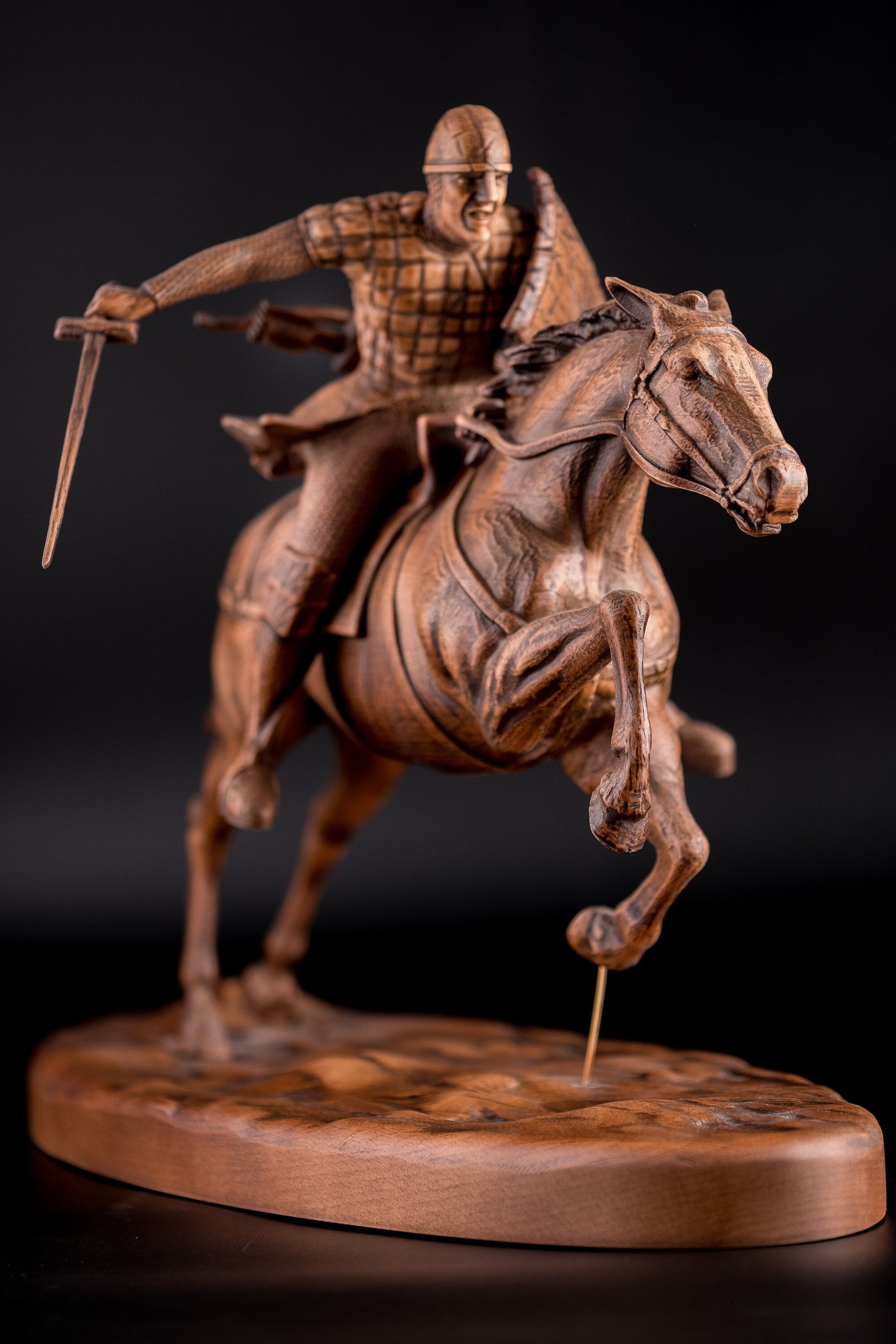 Statuette Knight with Sword on Galloping Horse Wood statue for Home Decor Knight statue Charging knight figurine