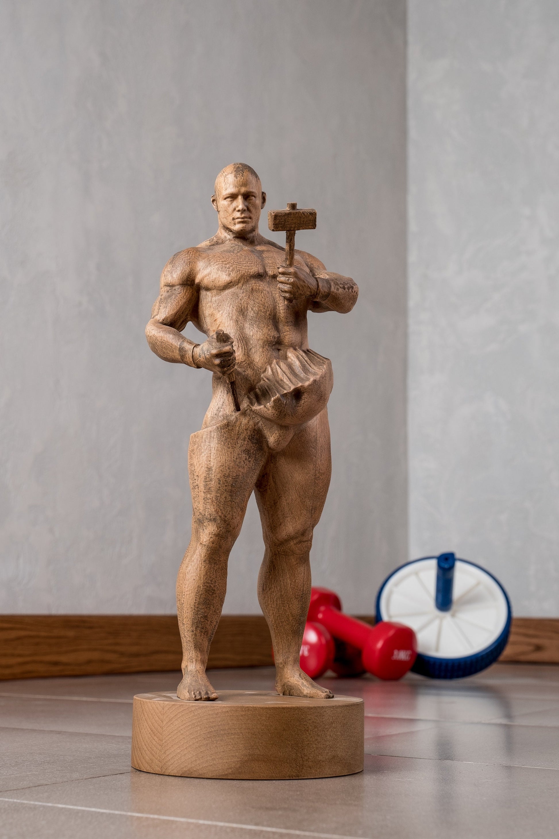 Wood Carved Man Statuette Pop Art Figure Bodybuilder gift Modern Male Figurine Unique shelf decor Boyfriend gift