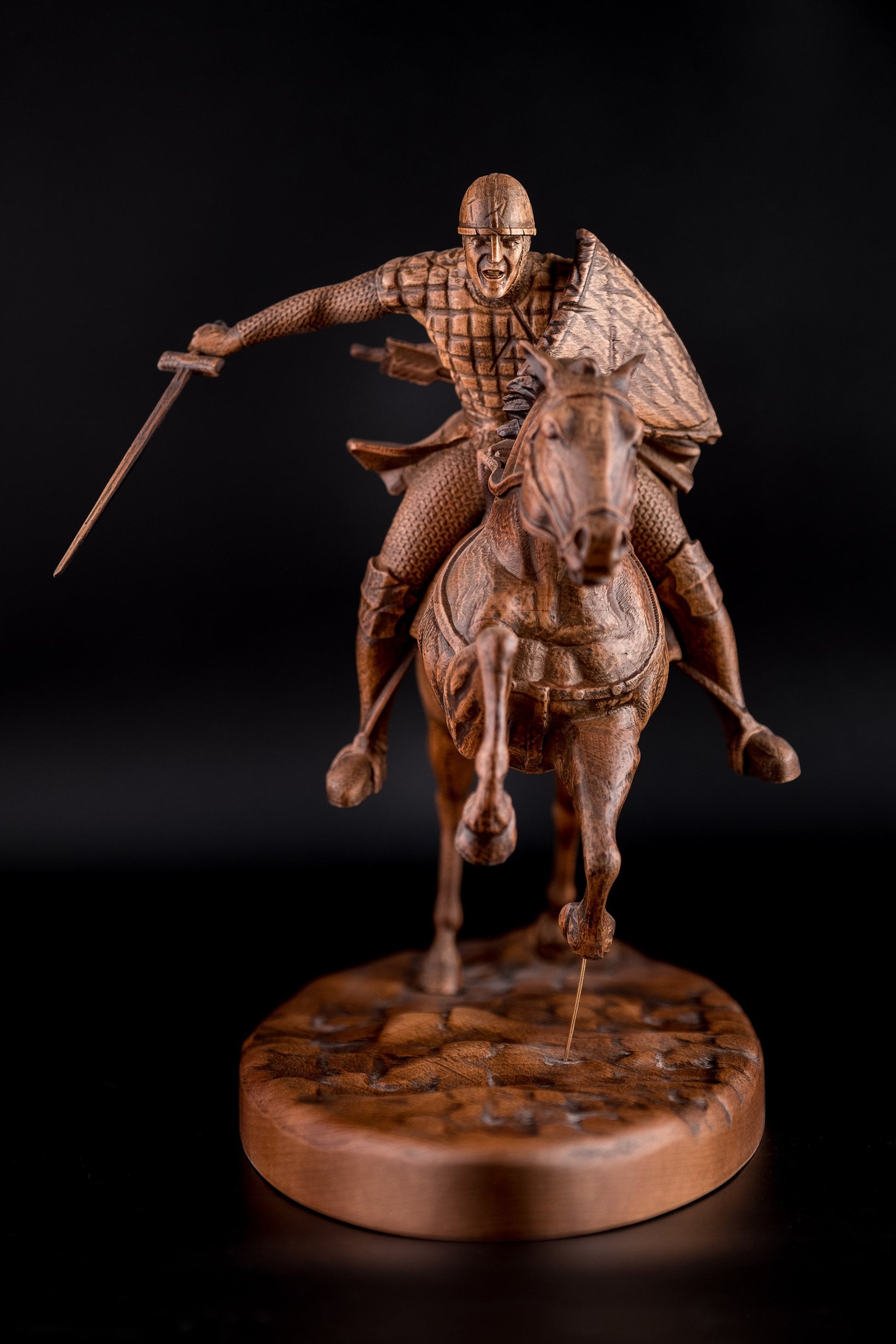 Statuette Knight with Sword on Galloping Horse Wood statue for Home Decor Knight statue Charging knight figurine