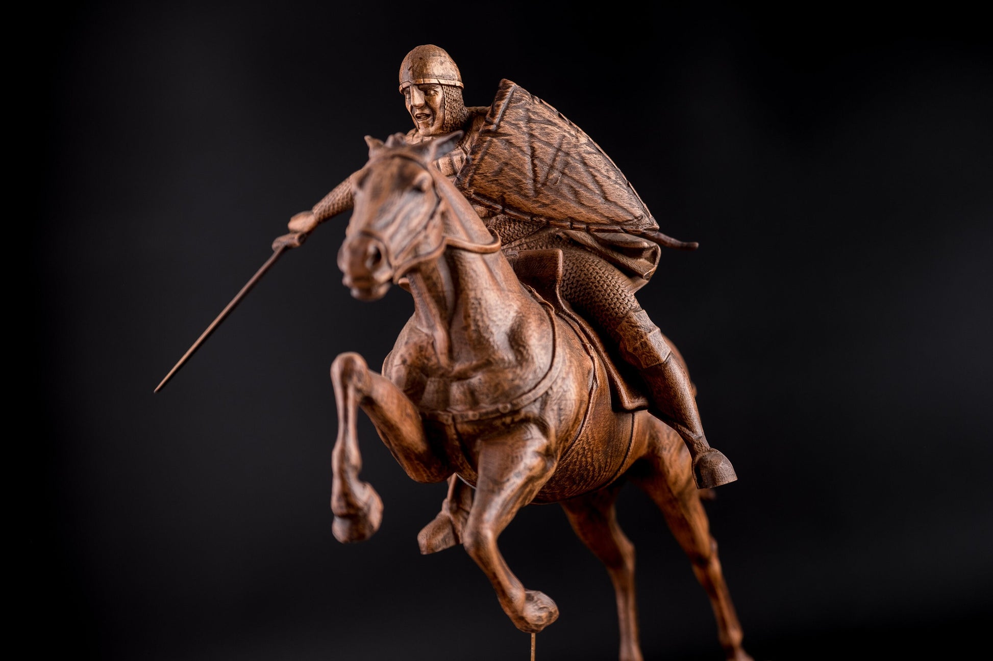 Statuette Knight with Sword on Galloping Horse Wood statue for Home Decor Knight statue Charging knight figurine