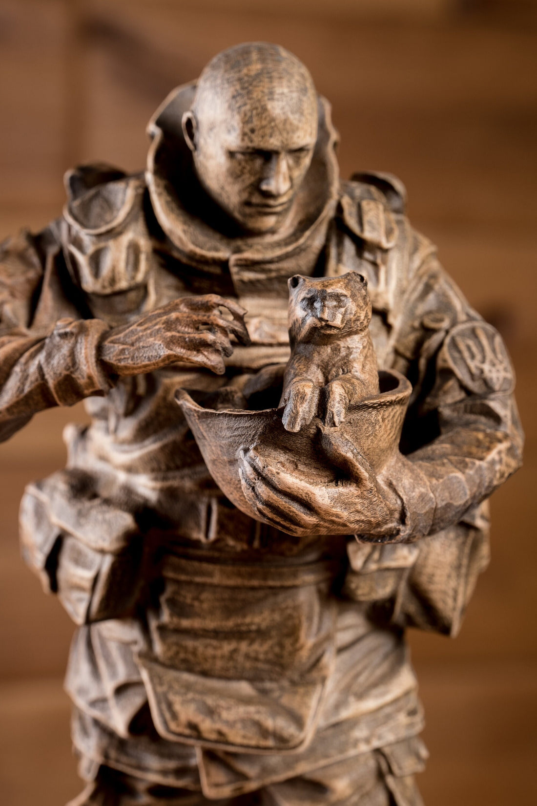 Hand Carved Wood Figurine Soldier with Cat Shelf Sculpture War and Peace Military Gift Army Custom Figure