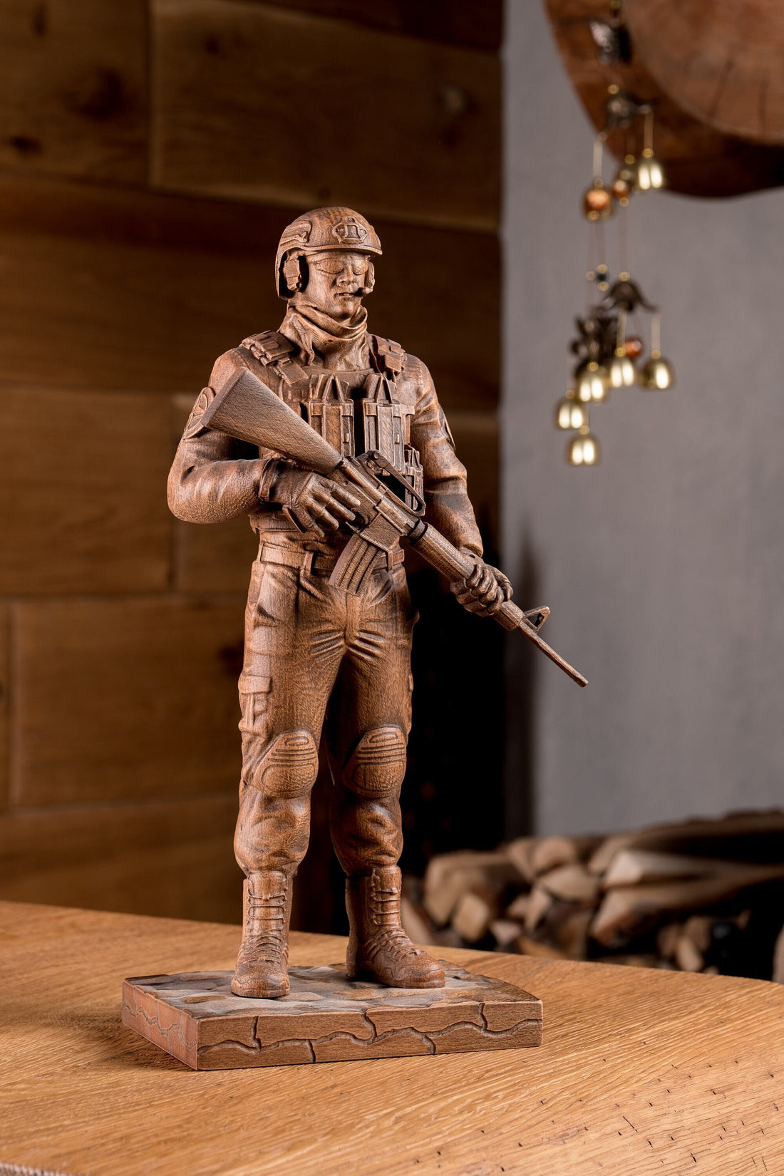 Statuette Wood Sculpture of US Soldier for Shelf Decor on Birthday Anniversary for Husband Father & Brother