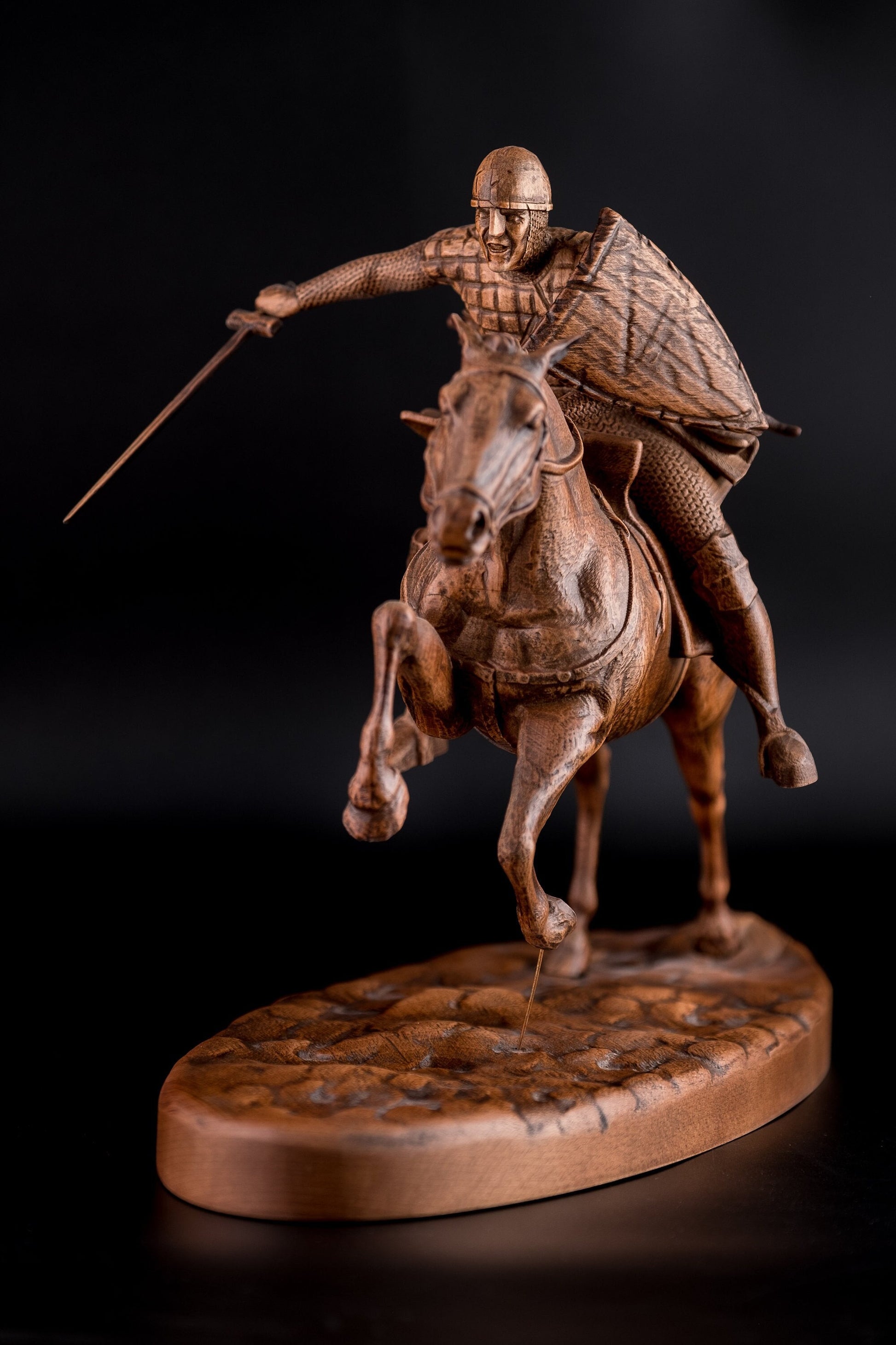 Statuette Knight with Sword on Galloping Horse Wood statue for Home Decor Knight statue Charging knight figurine