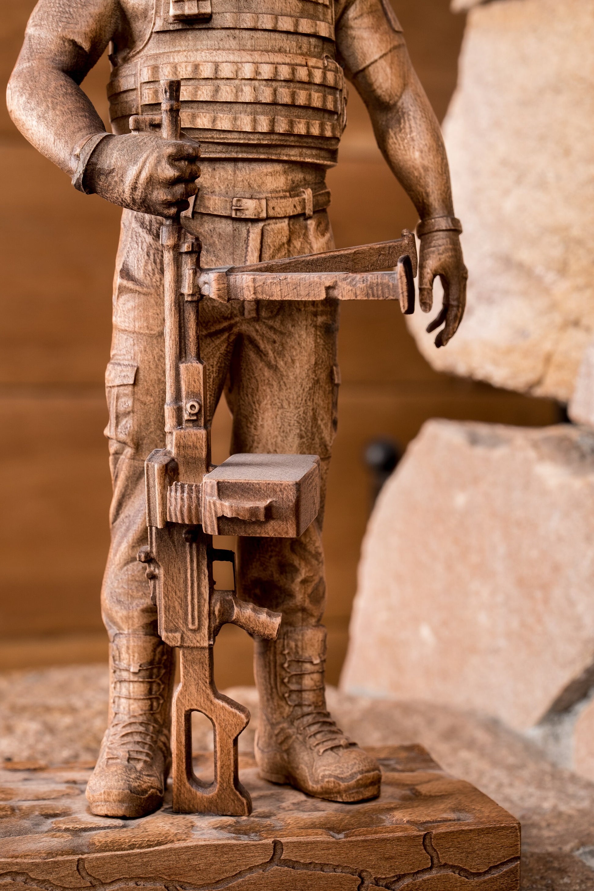 Wooden Cossack Figurine with Machine Gun Wood Sculpture Statue Military Collection Wood Art Table Decor