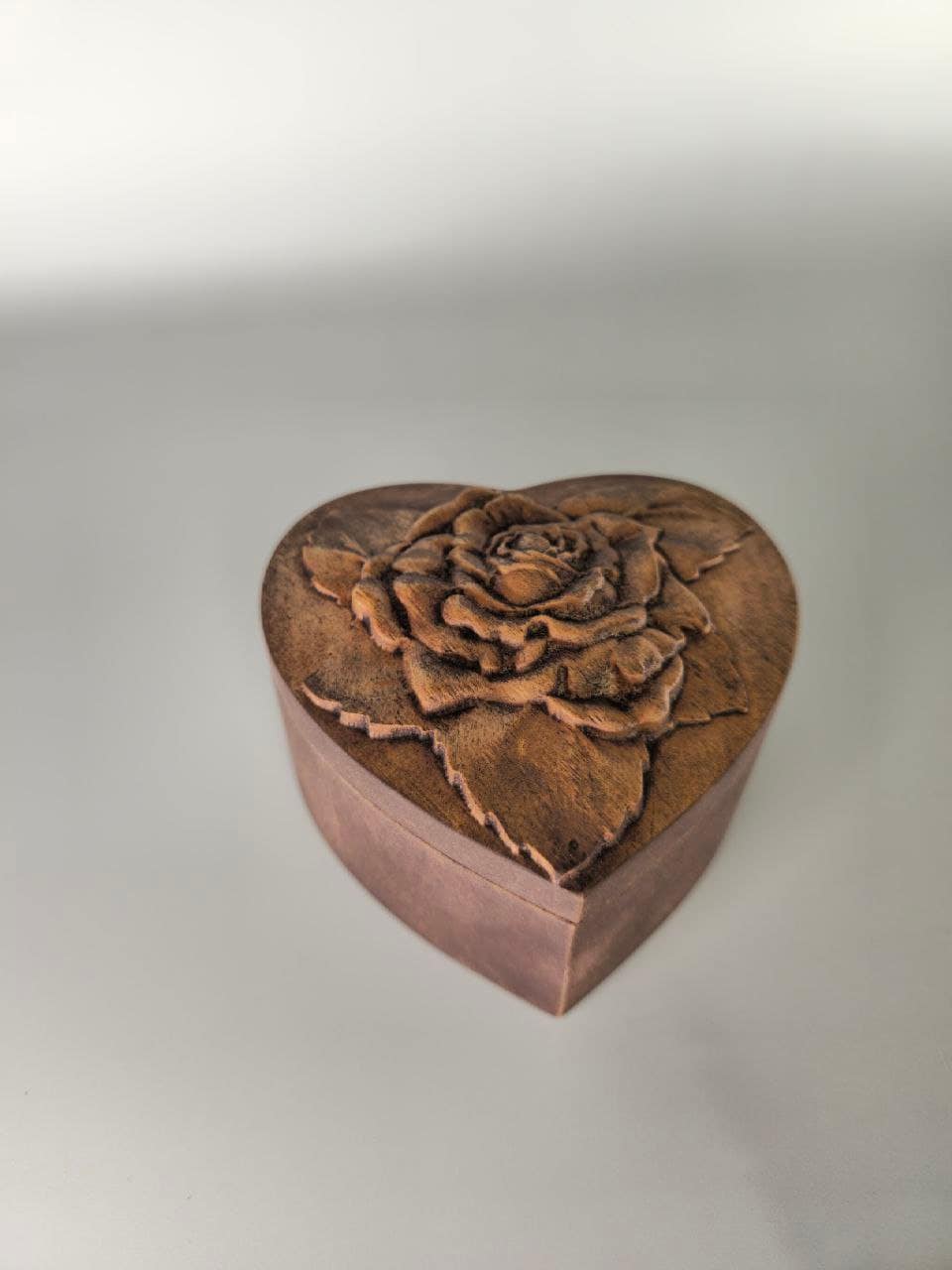 Rustic wedding ring box, Hand carved small wooden box, Heart casket for jewelry, Engraved wood trinket box