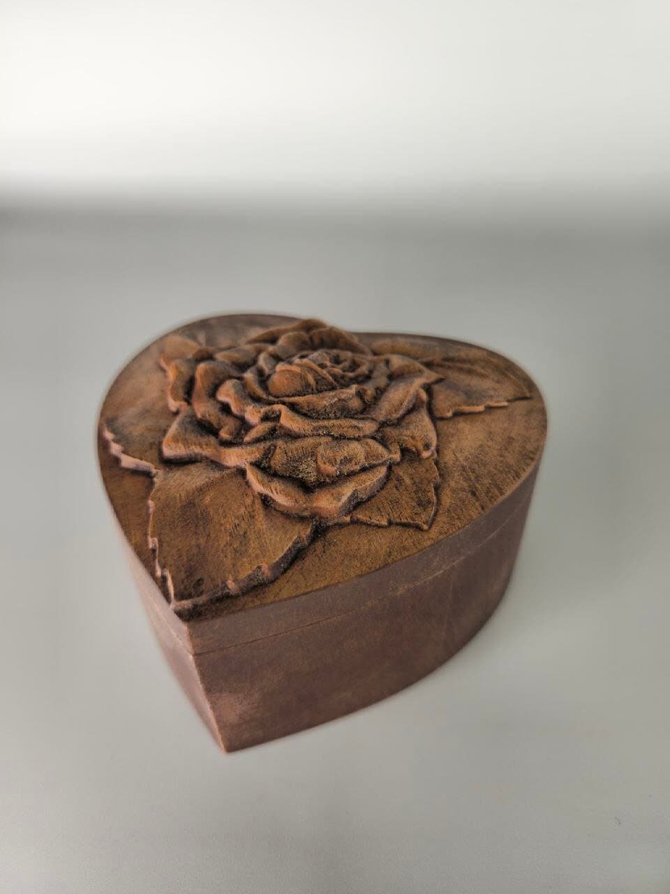 Rustic wedding ring box, Hand carved small wooden box, Heart casket for jewelry, Engraved wood trinket box