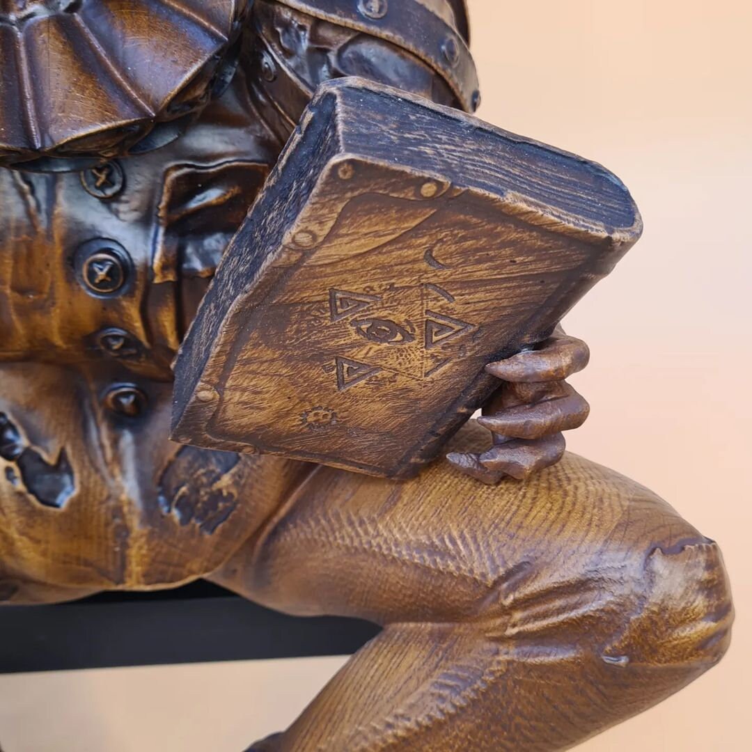 Statuette medieval jester with book for bookshelf decor and Birthday gift Wood carved clown figurine