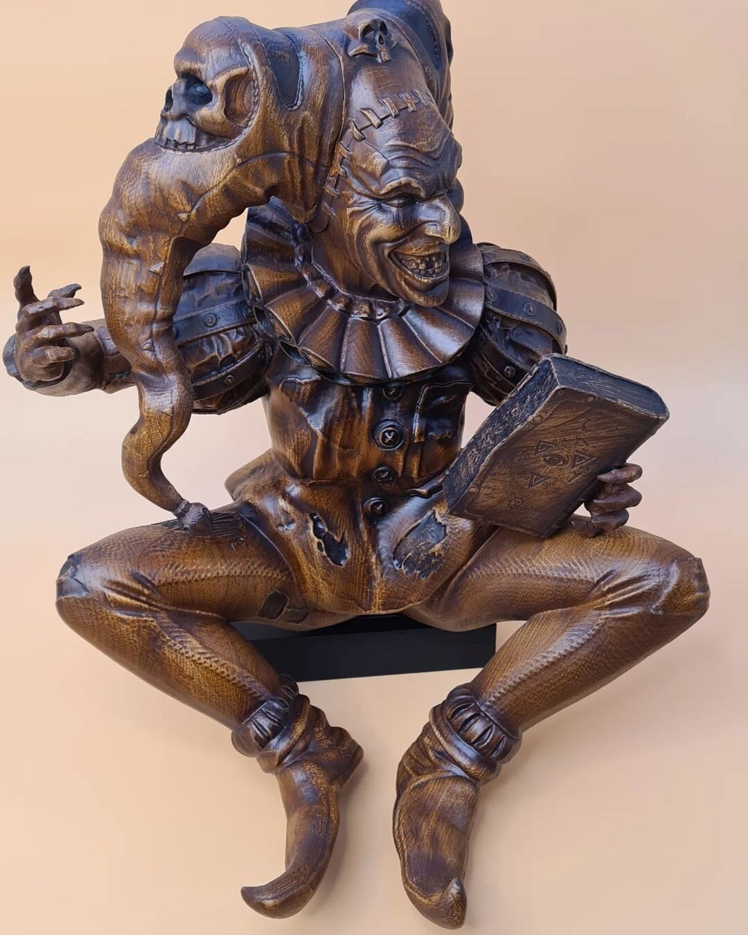 Statuette medieval jester with book for bookshelf decor and Birthday gift Wood carved clown figurine