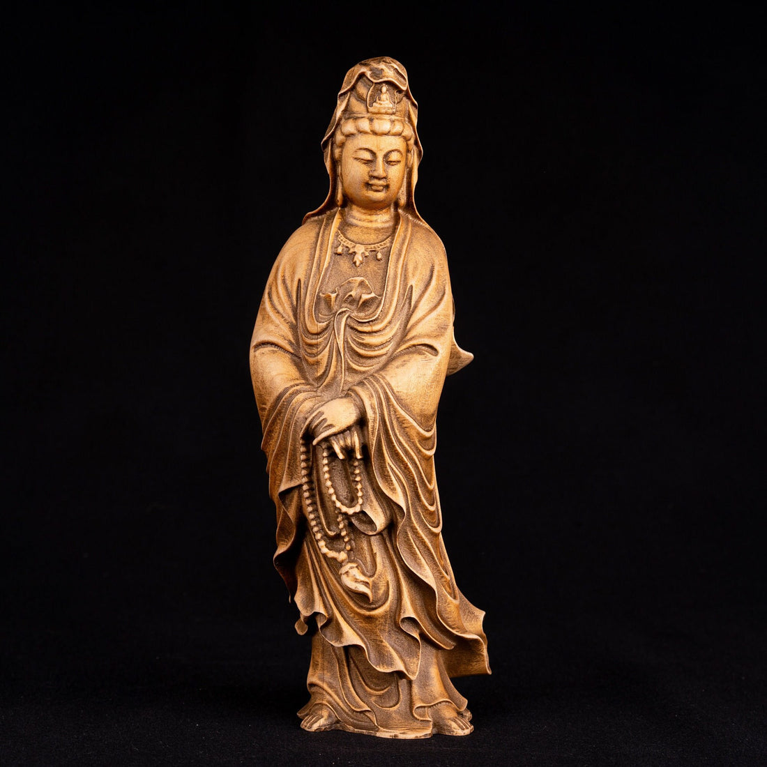 Wood carving buddha with rosary statuette for buddhist altar, Small Buddha statue Shakyamuni Buddha Spiritual Gift