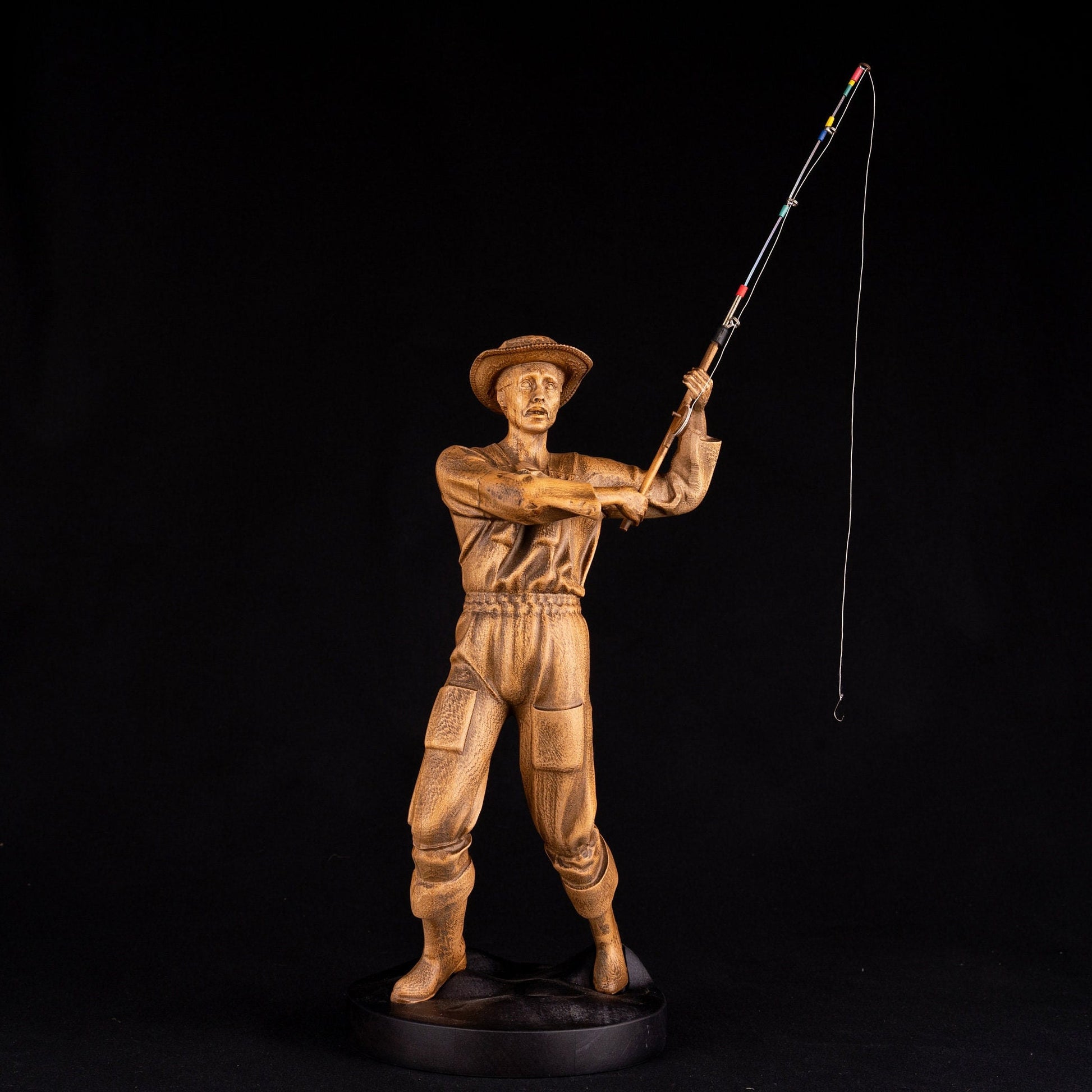 Wood carving fisherman figurine for 5th anniversary gift, Wooden statuette for fishing lover gift and bookshelf decor