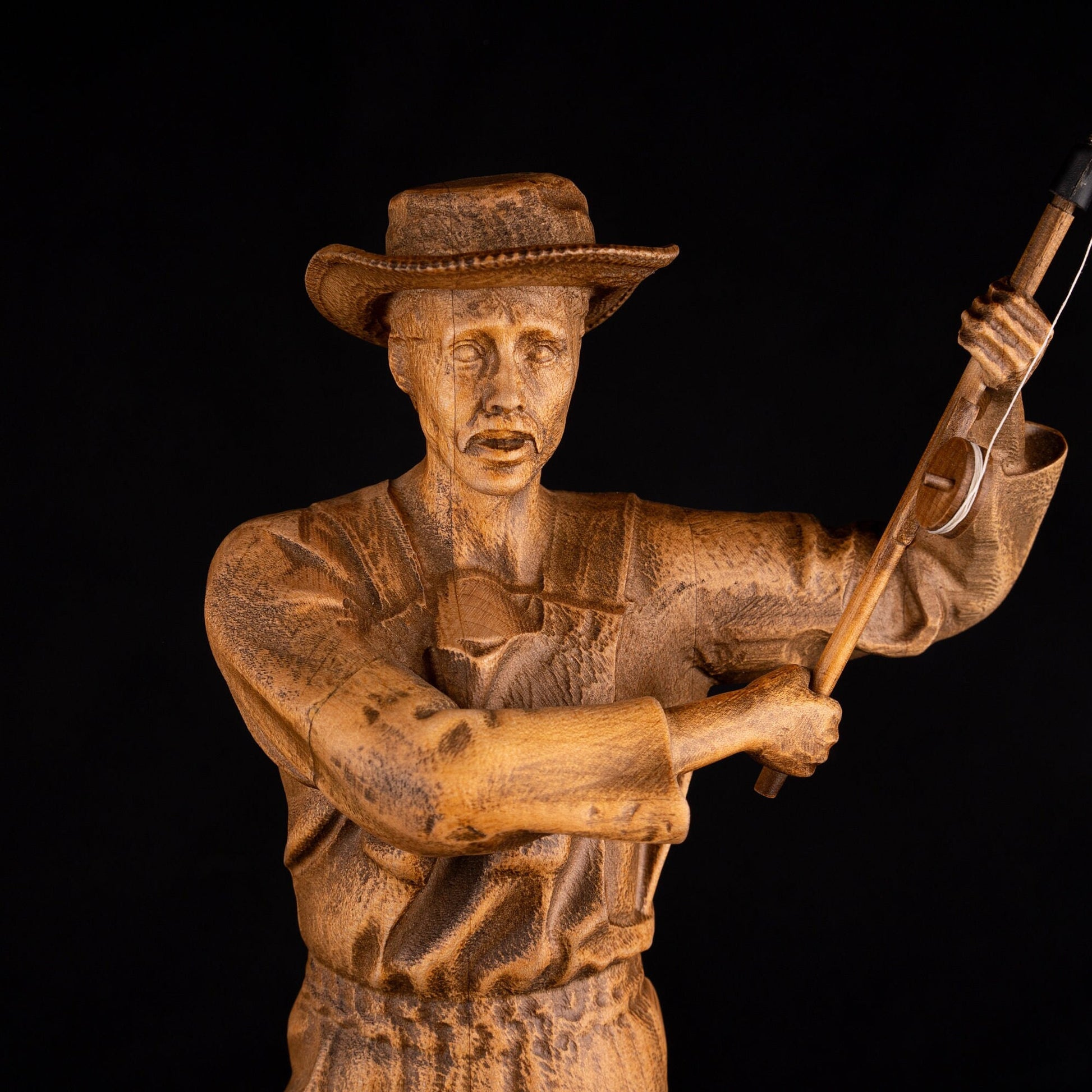 Wood carving fisherman figurine for 5th anniversary gift, Wooden statuette for fishing lover gift and bookshelf decor