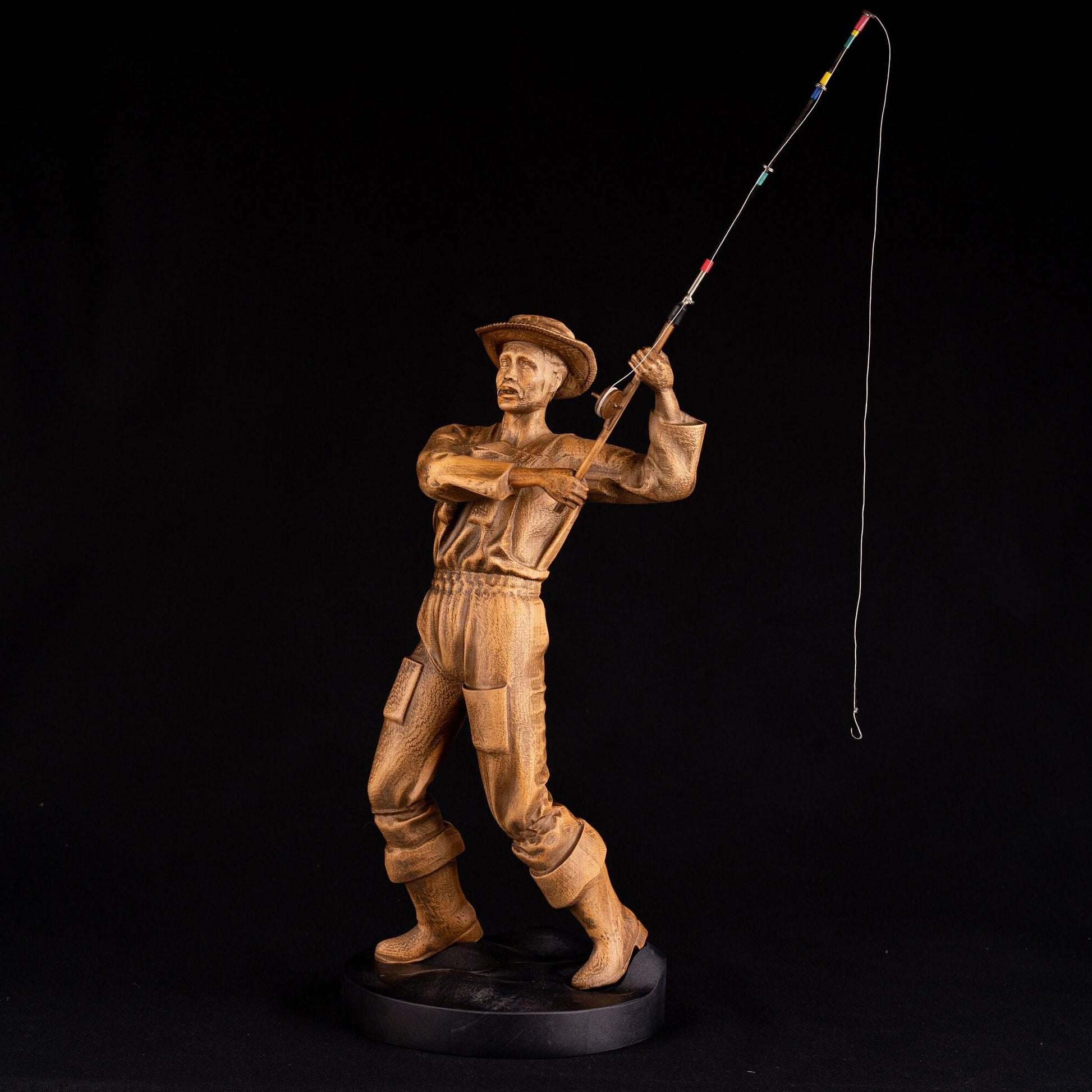 Wood carving fisherman figurine for 5th anniversary gift, Wooden statuette for fishing lover gift and bookshelf decor