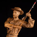 Wood carving fisherman figurine for 5th anniversary gift, Wooden statuette for fishing lover gift and bookshelf decor