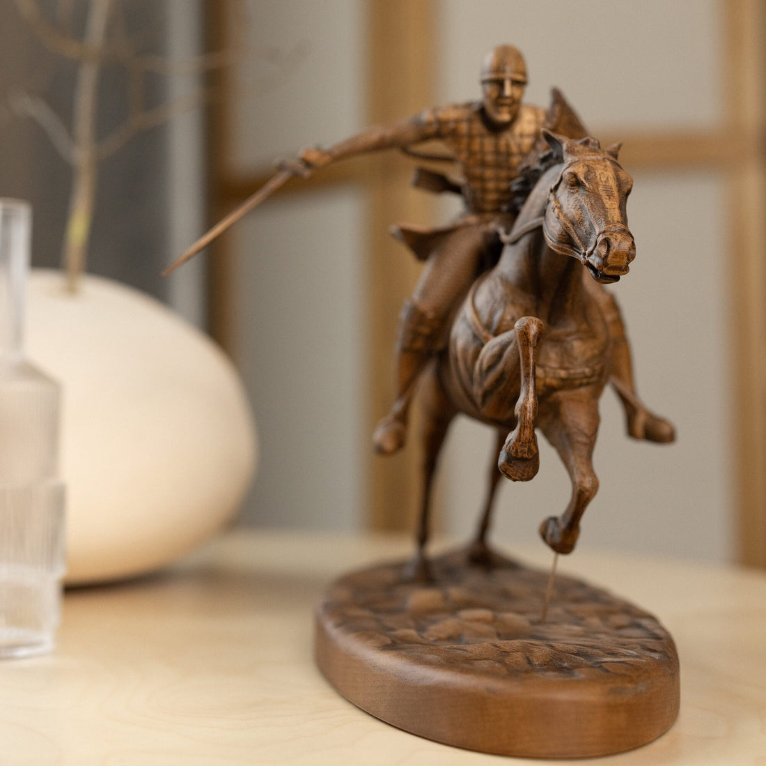 Knight Wood Sculpture on Galloping Horse, Bookshelf Decor: Knight on Horse Statuette,Medieval Wood Statue,