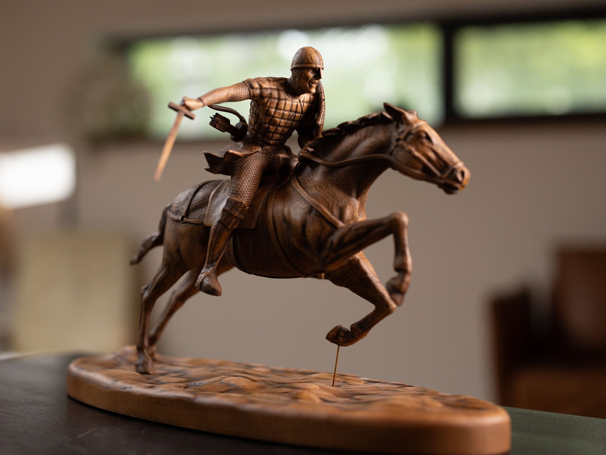 Knight Wood Sculpture on Galloping Horse, Bookshelf Decor: Knight on Horse Statuette,Medieval Wood Statue,