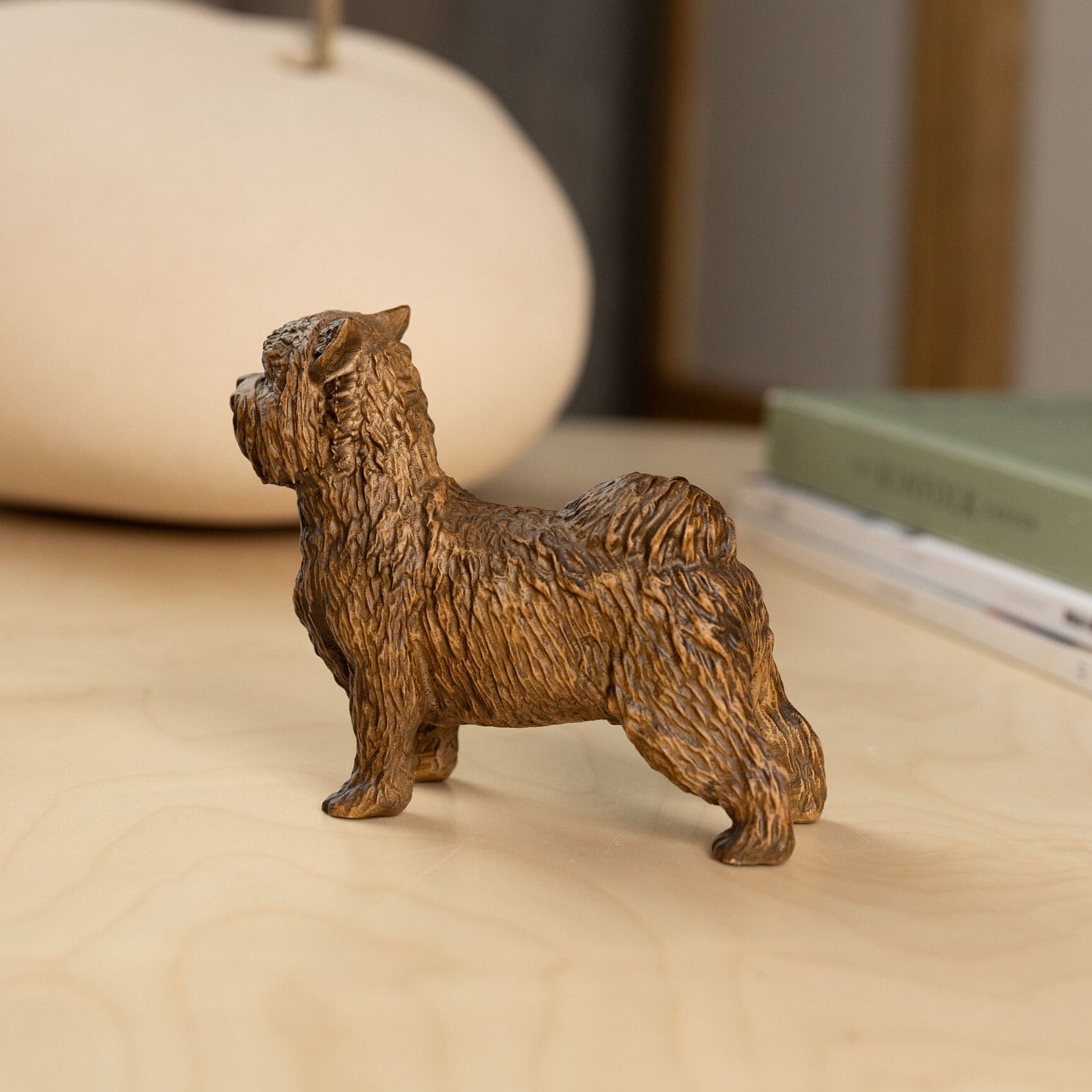 Yorkie Figurine Wooden Sculpture, Small Dog Statue for Bookshelf Decor and Memorial