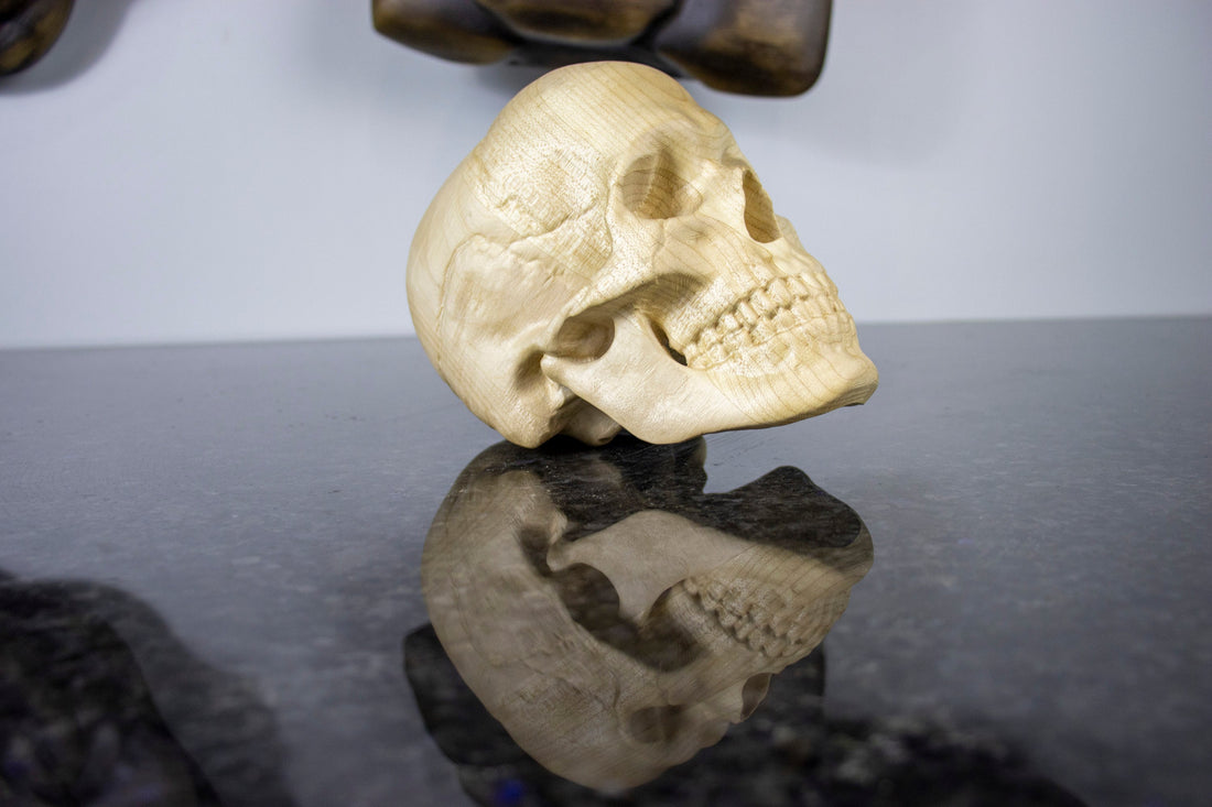 Wood carving Human Skull Replica, Wooden skull figurine, Halloween and Gothic Decor, Punk rocker gift