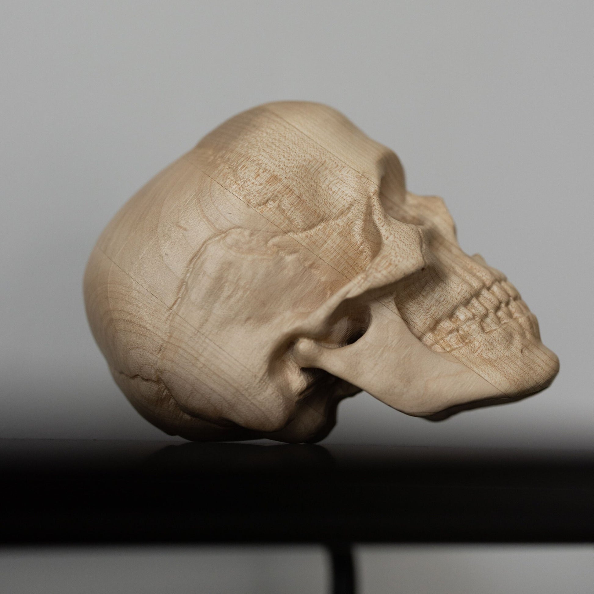 Wood Carved Skull Figurine Gothic Home Decor, Handcarved Wooden Human Skull Replica Witchy Decor