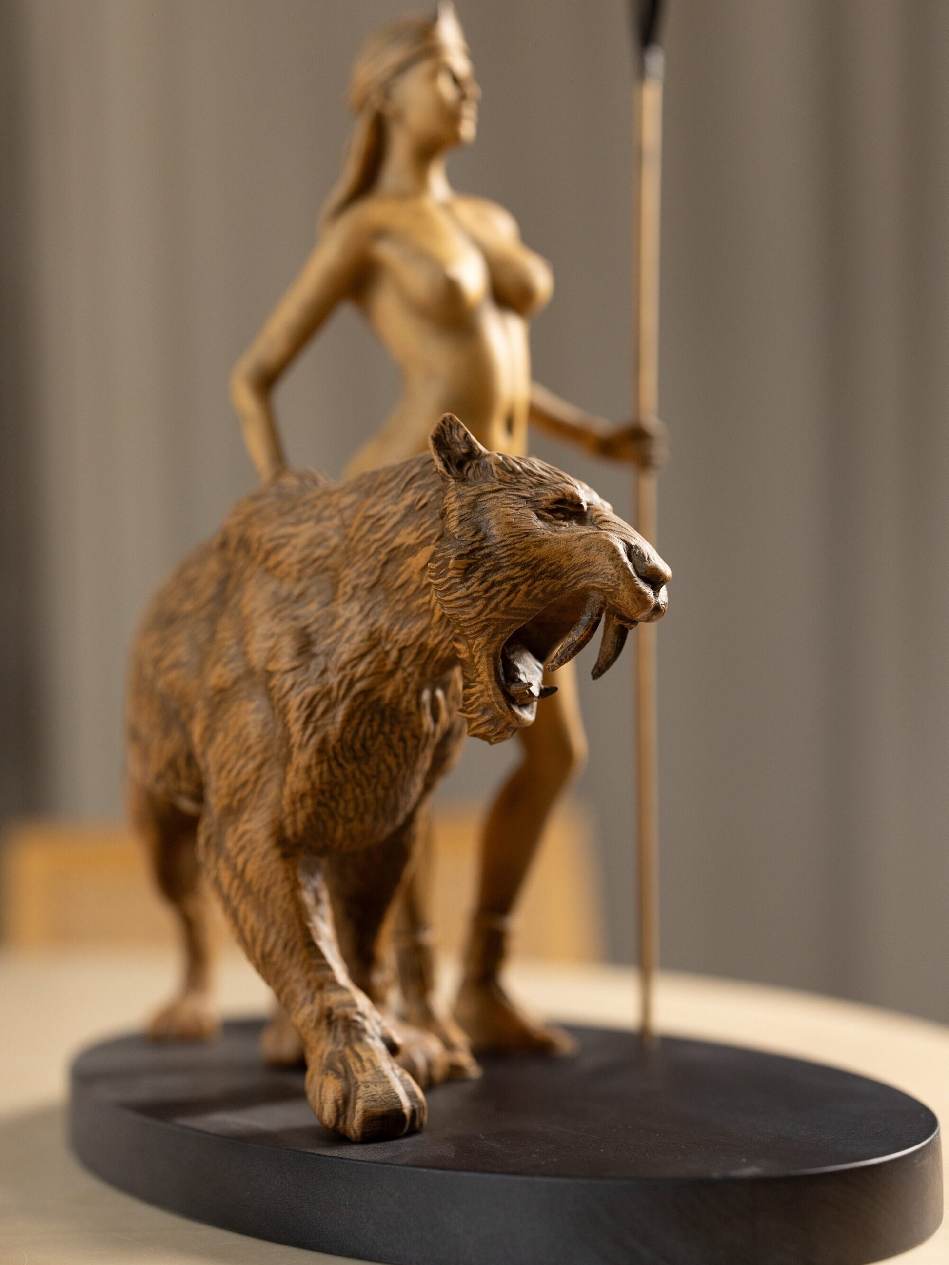 Wood sculpture Artemis with Saber Tooth Tiger Figurine, Artemis Statue Greek Mythology Sculpture