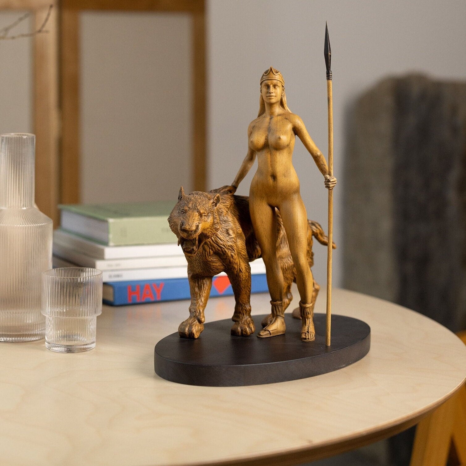 Wood sculpture Artemis with Saber Tooth Tiger Figurine, Artemis Statue Greek Mythology Sculpture