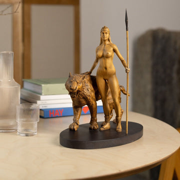 Wood sculpture Artemis with Saber Tooth Tiger Figurine, Artemis Statue Greek Mythology Sculpture