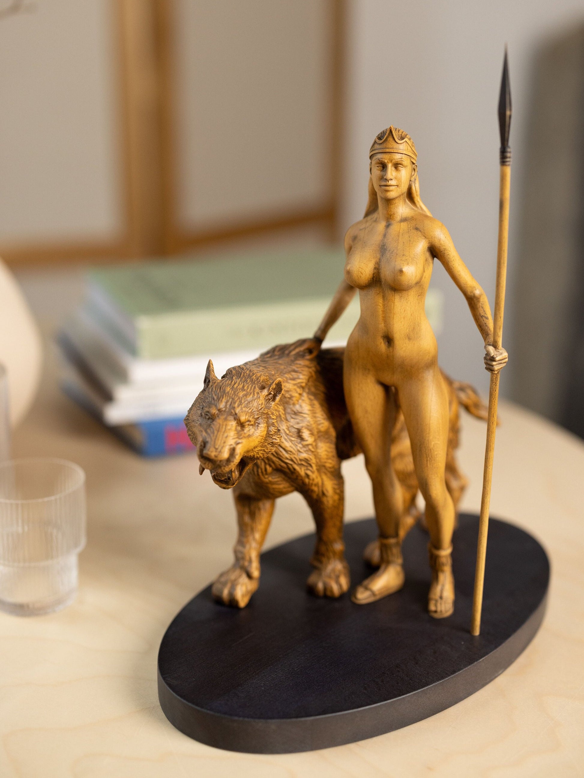 Wood sculpture Artemis with Saber Tooth Tiger Figurine, Artemis Statue Greek Mythology Sculpture