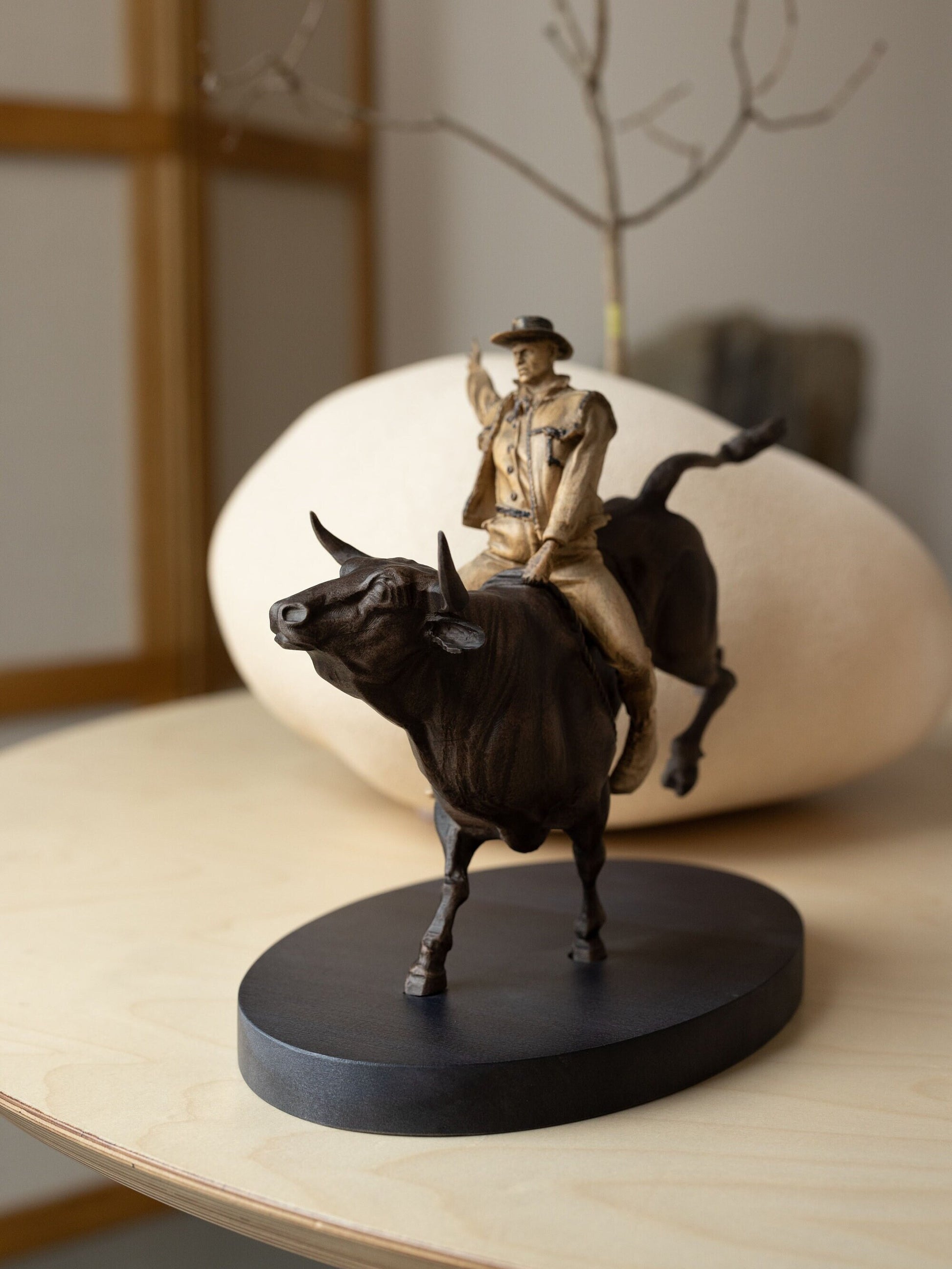 Wood Carved Cowboy Sculpture Western Decor, Wooden Statue Bull Rider, Western Sculpture Unique Gift for Husband