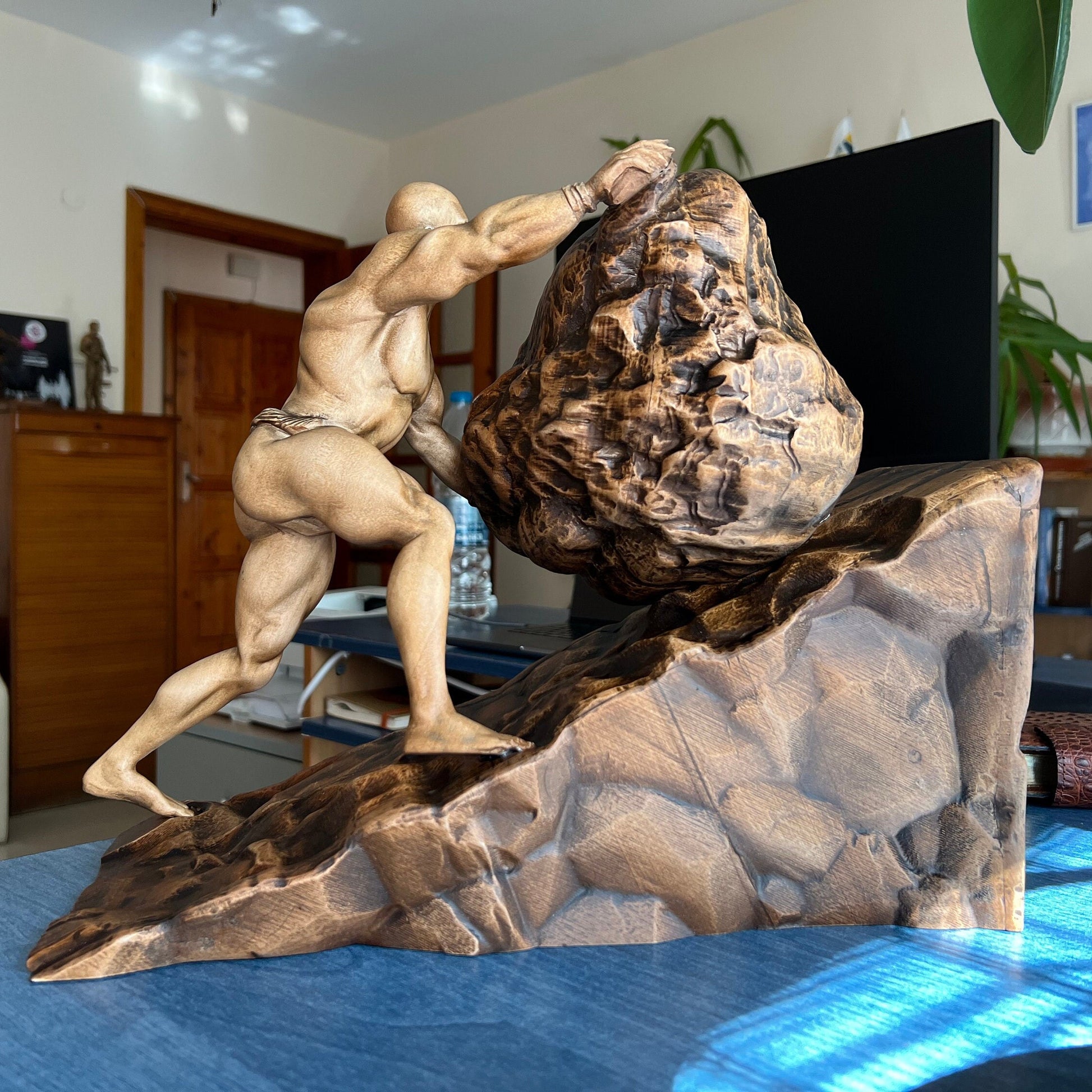 Wood Carving Ancient Greek Sisyphus Statue, Greek Mythology Sculpture Unique Wood Art Gift, Wooden