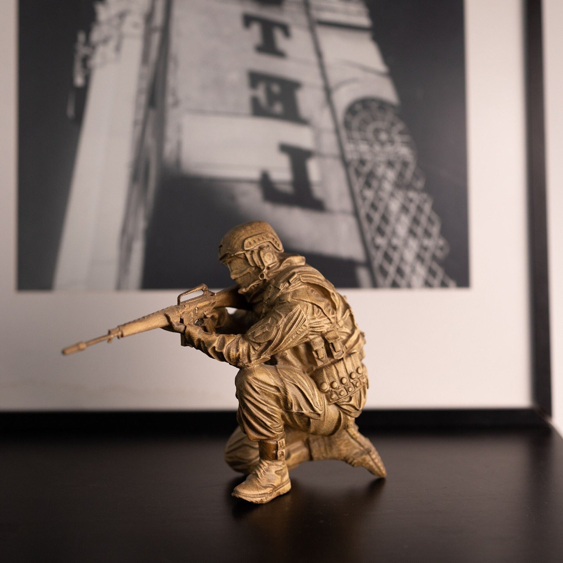 Wood sculpture Soldier with Rifle, Wood caved Military decor, Warrior statue for Army Collection, Carving soldier Wooden Statue