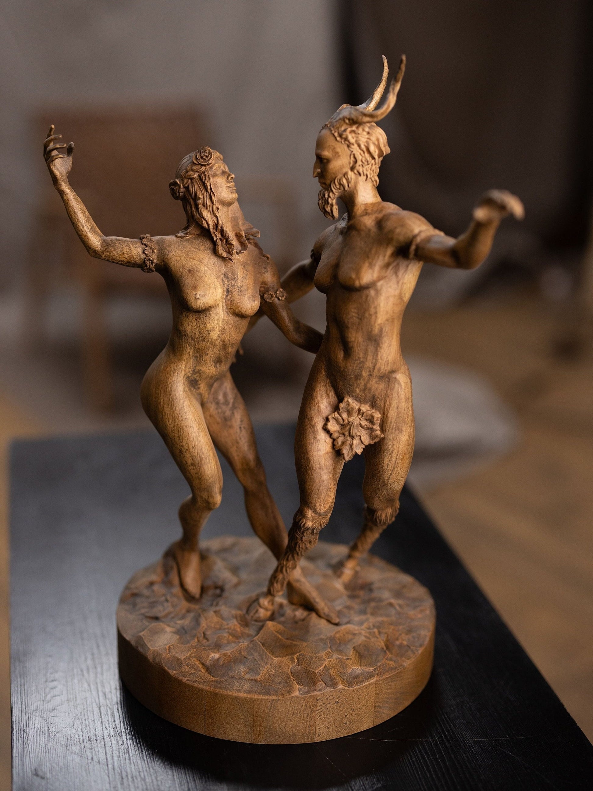 Greek Mythology Wood Sculpture Satyr and Forest Nymph, Fantasy Wood Carving Art, Wooden Table Decor for 5th Anniversary Gift