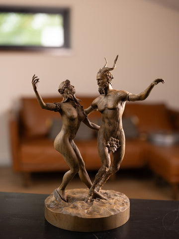 Greek Mythology Wood Sculpture Satyr and Forest Nymph, Fantasy Wood Carving Art, Wooden Table Decor for 5th Anniversary Gift