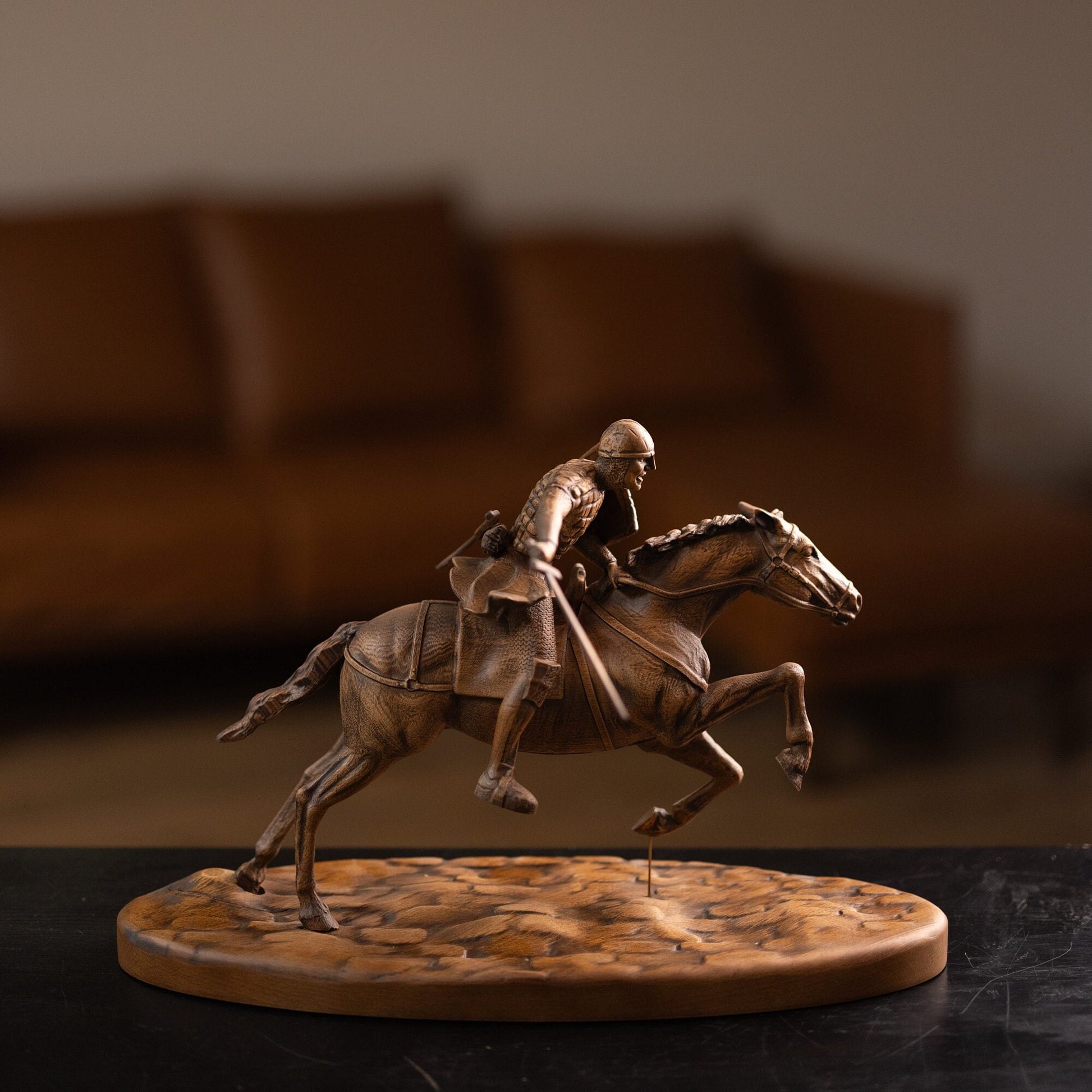 Knight Wood Sculpture on Galloping Horse, Bookshelf Decor: Knight on Horse Statuette,Medieval Wood Statue,