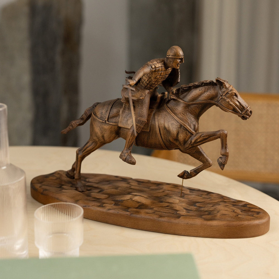 Knight Wood Sculpture on Galloping Horse, Bookshelf Decor: Knight on Horse Statuette,Medieval Wood Statue,