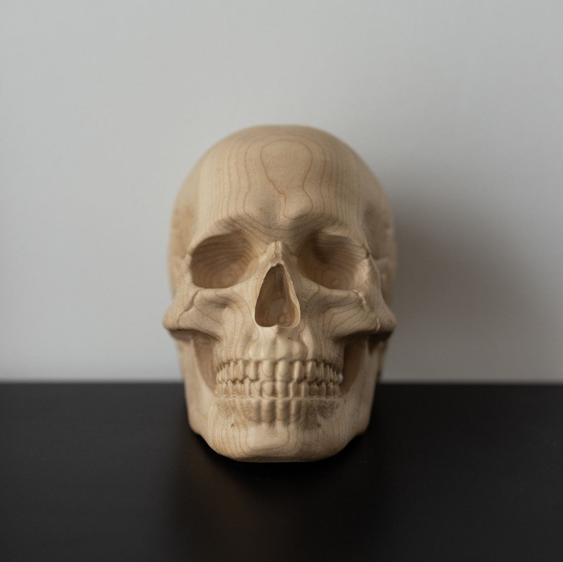 Wood Carved Skull Figurine Gothic Home Decor, Handcarved Wooden Human Skull Replica Witchy Decor